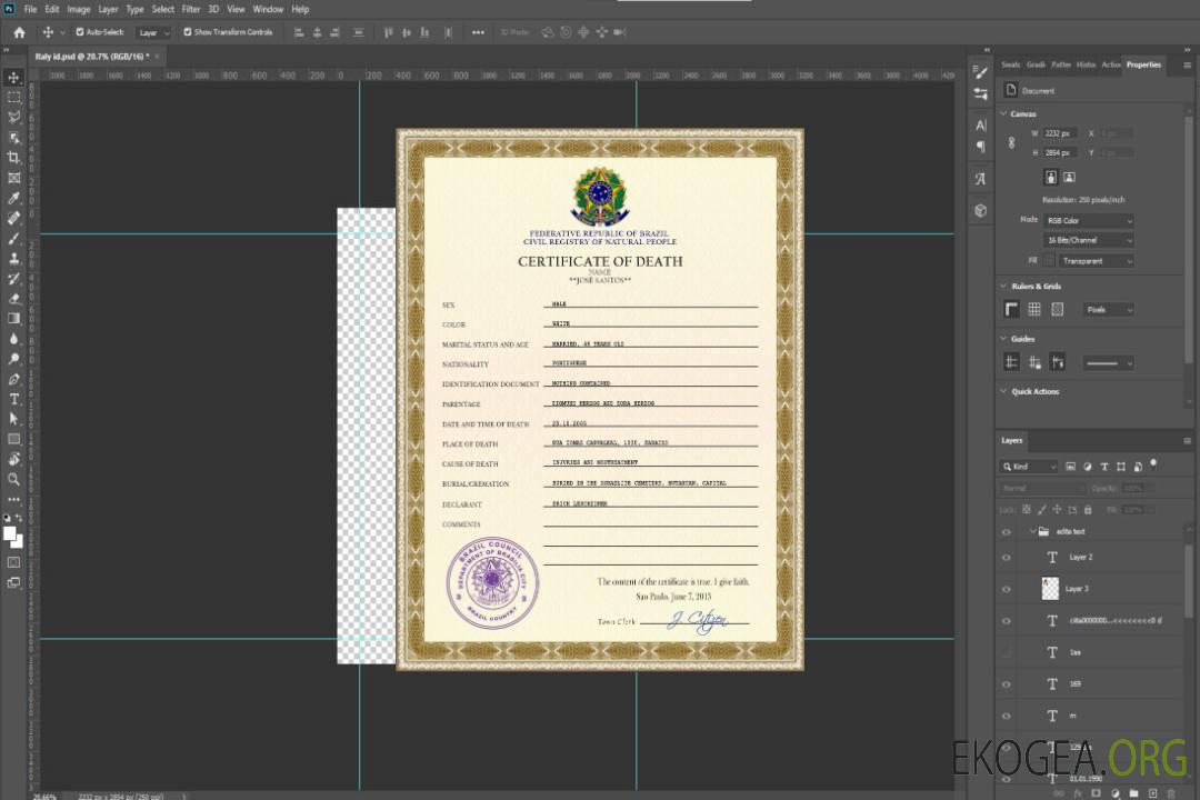 Modèle PSD de certificat de décès du Brésil template